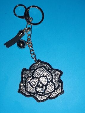 New! Rhinestone Rose Keychain Charm - Black and Silver